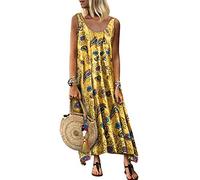 Yesgirl Boho-Kleid für Damen, lang, aus Baumwolle und Leinen, Boho-Stil, langärmlig, schick, Maxikleid, Sommerkleid, Damen, weite Taille, lässig, I gelb, XXXXXL
