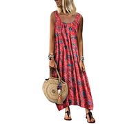 Yesgirl Boho-Kleid für Damen, lang, aus Baumwolle und Leinen, Boho-Stil, langärmlig, schick, Maxikleid, Sommerkleid, Damen, weite Taille, lässig, I Rot., XXXL