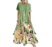 Yesgirl Boho-Kleid für Damen, lang, aus Baumwolle und Leinen, Boho-Stil, langärmlig, schick, Maxikleid, Sommerkleid, Damen, weite Taille, lässig, G. Grün., Medium