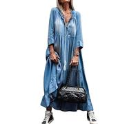 Yesgirl Damen Boho Jeanskleid Sommerkleid Frauen Casual Loose Jeans Kleider V-Ausschnitt Lange Ärmel Einfarbig Faltenrock A-Linie Maxi Denimkleid Tunika Hemd Blusenkleid 01 A Hellblau XL