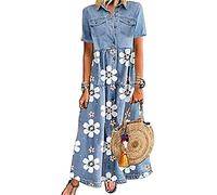 Yesgirl Damen Boho Jeanskleid Sommerkleid Frauen Casual Loose Jeans Kleider V-Ausschnitt Lange Ärmel Einfarbig Faltenrock A-Linie Maxi Denimkleid Tunika Hemd Blusenkleid 02 E Blau XL