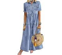 Yesgirl Damen Boho Jeanskleid Sommerkleid Frauen Casual Loose Jeans Kleider V-Ausschnitt Lange Ärmel Einfarbig Faltenrock A-Linie Maxi Denimkleid Tunika Hemd Blusenkleid 01 E Blau XL