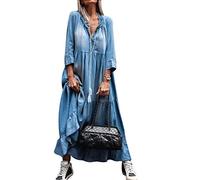 Yesgirl Damen Boho Jeanskleid Sommerkleid Frauen Casual Loose Jeans Kleider V-Ausschnitt Lange Ärmel Einfarbig Faltenrock A-Linie Maxi Denimkleid Tunika Hemd Blusenkleid A Hellblau XS