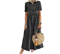 Yesgirl Damen Boho Jeanskleid Sommerkleid Frauen Casual Loose Jeans Kleider V-Ausschnitt Lange Ärmel Einfarbig Faltenrock A-Linie Maxi Denimkleid Tunika Hemd Blusenkleid 01 E Schwarz XXL