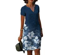Yesgirl Damen Kleid V-Ausschnitt Freizeitkleid Boho Knielang Kleid Schmetterling Blumen Halber Ärmel Sommerkleid Blusenkleid Strandkleid Lose Casual Leinenkleid B3 Blau XL