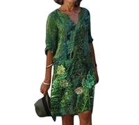 Yesgirl Damen Kleid V-Ausschnitt Freizeitkleid Boho Knielang Kleid Schmetterling Blumen Halber Ärmel Sommerkleid Blusenkleid Lose Casual Leinenkleid Strandkleid Grün S