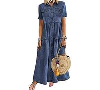 Yesgirl Damen Kleider Boho Sommerkleid V-Ausschnitt Maxikleid Kurzarm Strandkleid Lang mit Schlitz 01 E Dunkelblau L