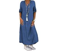 Yesgirl Damen Kleider Boho Sommerkleid V-Ausschnitt Maxikleid Kurzarm Strandkleid Lang mit Schlitz D Blau M