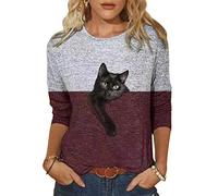 Yesgirl Damen Sweatshirt Langarmshirt Mit 3D Drucken Katzenmuster T-Shirt Oberteile Herbst Winter Rundhals Bluse Casual Loose Pullover Shirts Hemd Top E Dunkelrot 2XL