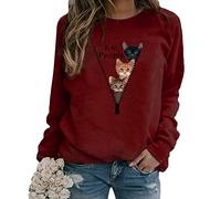 Yesgirl Damen Sweatshirt Langarmshirt Mit 3D Drucken Katzenmuster T-Shirt Oberteile Herbst Winter Rundhals Bluse Casual Loose Pullover Shirts Hemd Top B Dunkelrot XS
