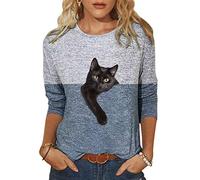 Yesgirl Damen Sweatshirt Langarmshirt Mit 3D Drucken Katzenmuster T-Shirt Oberteile Herbst Winter Rundhals Bluse Casual Loose Pullover Shirts Hemd Top E Grau XS