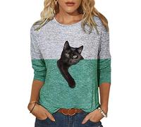 Yesgirl Damen Sweatshirt Langarmshirt Mit Katzenmotiv Tierdruck Oberteile Herbst Winter Rundhals Bluse Casual Loose Pullover Shirts Hemd E Grün S