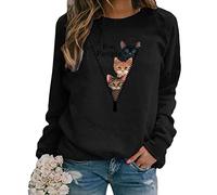 Yesgirl Damen Sweatshirt Rundhals Lange Ärmel 3D Drucken Katzenmuster T-Shirt Lässiges Top Herbst Winter B Schwarz L