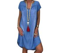 Yesgirl Kleid Damen Sommerkleid Freizeitkleid Shirtkleid T-Shirt Bluse Tunika Kurzarm Leger Langes Locker Kleider Ohne Zubehör A Cowboy 42