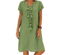 Yesgirl Sommerkleid Leinen Kleider Sommerkleid V-Ausschnitt Strandkleider Einfarbig Knielang T-Shirtkleid A-Linie Kleid Langes Locker Kleider Boho Knielang Kleid Ohne Zubehör C Grün 36