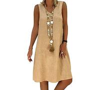 Yesgirl Sommerkleid Leinen Kleider Sommerkleid V-Ausschnitt Strandkleider Einfarbig Knielang T-Shirtkleid A-Linie Kleid Langes Locker Kleider Boho Knielang Kleid Ohne Zubehör D Khaki 48