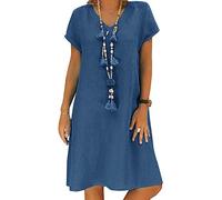Yesgirl Sommerkleid Leinen Kleider Sommerkleid V-Ausschnitt Strandkleider Einfarbig Knielang T-Shirtkleid A-Linie Kleid Langes Locker Kleider Boho Knielang Kleid Ohne Zubehör C Blau 44
