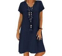 Yesgirl Sommerkleid Leinen Kleider Sommerkleid V-Ausschnitt Strandkleider Einfarbig Knielang T-Shirtkleid A-Linie Kleid Langes Locker Kleider Boho Knielang Kleid Ohne Zubehör C Dunkelblau 46