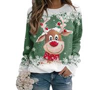 Yesgirl Tomwell Weihnachtspullover Damen Lustig Druck Christmas Sweatshirt Weihnachts Rundhals Pullover Schneemann Langarmshirt Xmas Pulli Oberteil Teenager Mädchen B Grün M