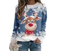 Yesgirl Tomwell Weihnachtspullover Damen Lustig Druck Christmas Sweatshirt Weihnachts Rundhals Pullover Schneemann Langarmshirt Xmas Pulli Oberteil Teenager Mädchen B Blau XXL