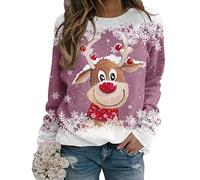 Yesgirl Tomwell Weihnachtspullover Damen Lustig Druck Christmas Sweatshirt Weihnachts Rundhals Pullover Schneemann Langarmshirt Xmas Pulli Oberteil Teenager Mädchen B Rosa 3XL