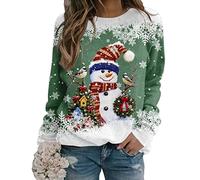 Yesgirl Tomwell Weihnachtspullover Damen Lustig Druck Christmas Sweatshirt Weihnachts Rundhals Pullover Schneemann Langarmshirt Xmas Pulli Oberteil Teenager Mädchen C Grün L
