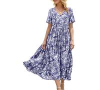 YESNO Damen Sommer Maxikleid Lässiges Swing Kleid im Boho-Stil mit Blumenmuster, kurzen Ärmeln, V-Ausschnitt, Taschen Ideal für Strand & Urlaub M EVFDE Color002