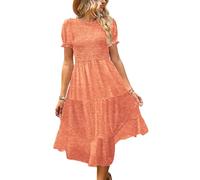 YESNO Sommerkleid Damen Elegant Boho Kleider Lässig Puffärmel Elastische Taille Midikleid Wedding Guest Dress Blumenkleid M EP2DE ORANGE