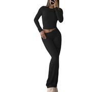 YETOWA 2-teiliges Damen-Pyjama-Set, schmale Passform, langärmelig, niedrige Taille, Glockenhose, vielseitige Yoga-Loungewear, Schwarz, S