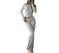 YETOWA 2-teiliges Damen-Pyjama-Set, schmale Passform, langärmelig, niedrige Taille, Glockenhose, vielseitige Yoga-Loungewear, Hellgrau, M