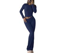 YETOWA 2-teiliges Damen-Pyjama-Set, schmale Passform, langärmeliges Oberteil, niedrige Taille, Glockenhose, vielseitige Yoga-Loungewear, Marineblau, S