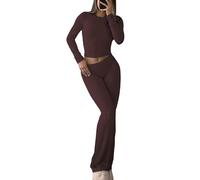 YETOWA 2-teiliges Damen-Pyjama-Set, schmale Passform, langärmeliges Oberteil, niedrige Taille, Glockenhose, vielseitige Yoga-Loungewear, Kaffee, X-Small