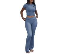 YETOWA 2-teiliges Lounge-Outfit für Damen, schmal, kurzärmelig, niedrige Taille, ausgestelltes Leggings-Set, Yoga-Sweatanzug, Airy Blue Kurzarm-Set, Small