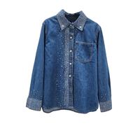 Yeuyyben Damen-Denim-Shirt, mit Perlen, Frühling, Pailletten, Strass, Jeans, Blusen, Jacke, langärmelig, Cardigan, Tops, dunkelblau, XL