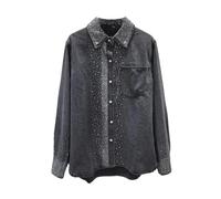 Yeuyyben Damen-Denim-Shirt, mit Perlen, Frühling, Pailletten, Strass, Jeans, Blusen, Jacke, langärmelig, Cardigan, Tops, grau, XL