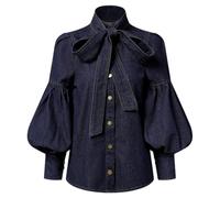 Yeuyyben Denim-Bluse für Damen, lange Puffärmel, Schleifen-verziert, hoher Halsausschnitt, denim-blau, L