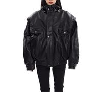 Yeuyyben Frühling Herbst Übergroße Dicke Schwarze Pu Leder Jacke Frauen Zip Up Unisex Kleidung, Schwarz , 46