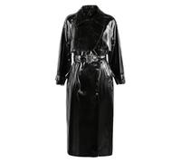 Yeuyyben Herbst Winter Lange Reflektierende Lack Kunstleder Trenchcoat Für Frauen Gürtel Mantel, Schwarz , 48