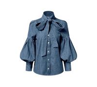 Yeuyyben Imitation Denim Bluse Oberteile für Frauen Lange Puffärmel Bogen-Verzierte Hochausschnitt Damen-Hemden