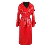 Yeuyyben Langer schwarzer Lackleder-Trenchcoat für Frauen-Zweireiher übergroßer Ledermantel, rot, 48