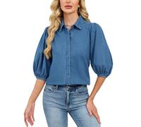 YEXPINE Damen Jeansbluse mit Puffärmeln und Knopfleiste, leicht, lässig, Jeansblusen, Blau, Mittel