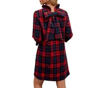 YEXPINE Damenkleid, kariert, mit Fliege, lange Ärmel, Wolle, lässig, elegant, formell, Etuikleid mit Taschen, Rot/Ausflug, einfarbig (Getaway Solids), Mittel