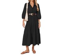YEXPINE Flowy Maxikleider für Damen, lässig, V-Ausschnitt, gesmokt, gestuft, Babydoll, Sommerkleid, Strand, langer Rock mit Taschen, Schwarz, X-Groß