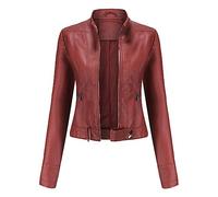 YFFUSHI Damen Kurze Lederjacke Blouson aus Kunstleder Bomberjacke Casual Mit Reißverschluss Coat,Rot,M