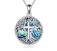 YFN Baum des Lebens Halskette Sterling Silber Religiöses Kreuz Anhänger Abalone Shell Keltischer Schmuck Geschenke für Damen Herren