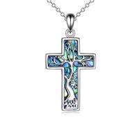YFN Kreuz Kette Damen Sterling Silber Abalone Lebensbaum Kreuz Anhänger Halskette Baum des Lebens Kreuz Schmuck für Damen Herren Christliche Geschenke