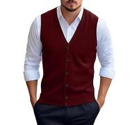 YFWOKSL Ärmelloser Herrenpullover, Herren Pullover Strickweste Dicker Wollmischpulli Ärmellos Strickjacke mit Knöpfen V-Ausschnitt Weste Business Pullover Strickwaren Herbst Winter Wollweste Rot S