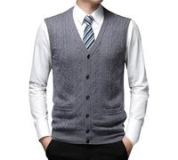YFWOKSL Herren-Strickwesten, Herren Strickpullover Ärmellos Weste Warmer Pulli Wollmischung Argyle Sweater V-Ausschnitt Weste Business Gentleman Strickwaren Herbst Winter Wollweste für Männer Grau L