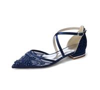YFZBJY Damen Flache Hochzeitsschuhe Spitz Spitze Mesh Perlen Blumen Brautschuhe Kreuzgurt Satin Elegante Abend Ballerinas,Dark Blue,36 EU