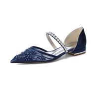 YFZBJY Damen Flache Hochzeitsschuhe Spitz Spitze Mesh Perlen Blumen Brautschuhe Satin Perlenriemen Elegante Abend Ballerinas,Dark Blue,38 EU